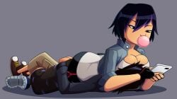 1boy 1girls 2018 ass big_hero_6 black_hair booty_shorts breast_smother breasts breasts_pressed_against_partner brown_eyes bubble_gum cleavage clothing disney fingerless_gloves gogo_tomago grey_background hiro_hamada jacket marvel purple_highlights ravenravenraven shoes short_hair smothering straight uninterested unseen_male_face white_skin
