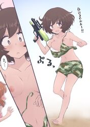 1girls akiyama_yukari bikini bikini_top_down blush brown_eyes brown_hair camouflage female female_only girls_und_panzer hazuki_haru highres medium_breasts nipples swimsuit topless translated translation_check wardrobe_malfunction