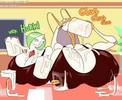 absurd_res antennae_(anatomy) anthro big_breasts bodily_fluids breasts clothing container cum cum_drinking cum_in_container cum_in_mouth cum_inside cum_on_breasts cum_on_face cup drinking drinking_cum duo eggnog_(tasteofchoklit) english_text exclamation_point female gardevoir generation_3_pokemon generation_7_pokemon genital_fluids green_hair hair hi_res huge_breasts humanoid mug nintendo onomatopoeia pheromosa pokemon pokemon_(species) shirt sound_effects tank_top tasteofchoklit text topwear ultra_beast white_body