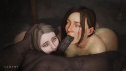 1boy 2girls 2girls1boy 3d :>= blonde_female blonde_hair brown_hair brunette_female brunette_hair cock_worship collaborative_fellatio dark-skinned_male dark_penis dark_skin eye_contact hand_on_head interracial kissing kissing_balls large_penis light-skinned_female light_skin looking_at_partner looking_up mia_winters mother_and_daughter oral oral_sex pale-skinned_female pale_skin partial_male penis penis_worship pubic_hair resident_evil rosemary_winters saliva saliva_on_penis samsonsharem submissive submissive_female tattoo tattoos veiny veiny_penis watermark
