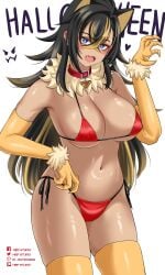 1girls armwear big_boobs big_breasts big_tits blue_eyes blue_eyes_female boobs breasts collar dehya_(genshin_impact) eyebrows_visible_through_hair female genshin_impact hair_between_eyes halloween hiep_studio hourglass_figure legwear navel open_mouth red_bikini simple_background thick_thighs thighhighs thighs tits white_background woman