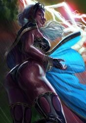 1girls african african_female ass big_ass blue_eyes dark-skinned_female dark_skin female jazz_dunn marvel raining solo storm_(x-men) wet_skin white_hair x-men