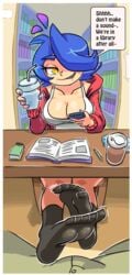 1boy 1girls black_socks blue_hair breasts bulge cleavage clothed clothing english_text faceless_male feet female gerph hair_over_one_eye library male minus8 penis_bulge phone pov skarp_world skarpne_(skarp_world) smile socks speech_bubble tagme tank_top text yellow_eyes