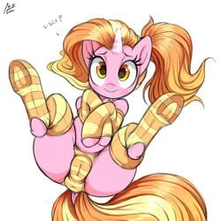 1:1 2021 aer0_zer0 anus_outline cameltoe clothing digital_media_(artwork) english_text equid equine eyebrows eyelashes female friendship_is_magic hasbro hi_res horn legwear looking_at_viewer luster_dawn_(mlp) mammal my_little_pony pattern_clothing pattern_legwear simple_background smile solo striped_clothing striped_legwear stripes text unicorn white_background