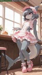 1girl ai ai-created ai_generated animal_nose apron artist_name bar_stool blush bow breasts cake cetacean_tail closed_mouth colored_skin female female_only fins fish_tail food frilled_skirt frills full_body furry furry_female grey_hair grey_skin hairband indoors kraakai layered_skirt maid maid_headdress miniskirt navel nipples open_clothes patreon_username pink_bow pink_footwear pink_skirt red_eyes shark_girl shark_tail shoes short_hair skirt small_breasts smile socks solo standing stomach table tail tiptoes vest waist_apron watermark web_address window