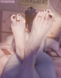 3d 3d_(artwork) 7evenscrews accessory anklet big_ass blue_body blue_skin feet feet_focus foot_fetish gold_jewelry jewelry lying lying_on_bed lying_on_stomach overwatch solo toe_ring toenail_polish toenails toes widowmaker