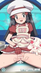 1girls alcremie alternate_costume apron blue_hair blush bottomless cum cum_in_pussy dawn_(pokemon) furanshisu grey_eyes hat hud long_hair looking_at_viewer mittens no_panties official_alternate_costume open_mouth palentine's_day_dawn pokemon pokemon_dppt pokemon_masters pov