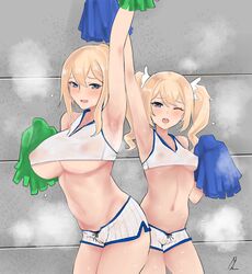 2girls armpits arms_up bad_id barbara_(genshin_impact) berserkert blonde_hair blush breasts cameltoe cheerleader cheerleader_uniform erect_nipples erect_nipples_under_clothes female female_only genshin_impact highres jean_gunnhildr large_breasts nun pom_poms ponytail see-through short_shorts shorts sisters small_breasts sweat twintails underboob