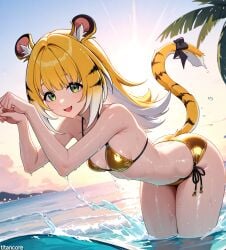 (titancore) ai_generated animal_humanoid beach beautiful_day bikini_bottom bikini_top cat_pose cute_girl female girl golden_bikini green_eyes ju_fufu ju_fufu_(zenless_zone_zero) long_hair monster_girl multicolored_hair orange_hair playing_in_water sea splash splashing thiren tiger_ears tiger_girl tiger_humanoid tiger_stripes tiger_tail video_game_character wet_body white_hair zenless_zone_zero