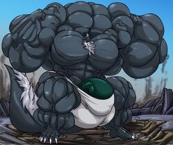 2020 5_toes absurd_res anthro balls beard big_balls big_muscles big_pecs big_penis black_penis body_hair chest_hair clothed clothing day dragon facial_hair feet fierglief flexing genitals grey_body grin hair hi_res horn huge_balls huge_cock huge_muscles huge_pecs hyper hyper_balls hyper_genitalia hyper_muscles hyper_penis macro male muscular muscular_anthro muscular_male pecs penis plantigrade sharp_teeth sky smile solo standing teeth terantic toes underwear underwear_only vein veiny_muscle veiny_penis white_hair