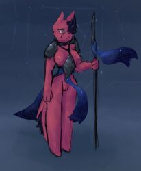 alexleviafan anthro artificer_(rain_world) choker clothing digital_media_(artwork) female genitals holding_object holding_weapon horn jewelry melee_weapon necklace nipples polearm rain_world red_body shoulder_guards simple_background slugcat solo soulless_eyes spades_(suit) spear standing star suit_symbol tail videocult vulva weapon
