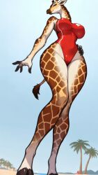 1girls ai_generated anthro artiodactyl beach blue_eyes even-toed_ungulate female giraffe giraffe_print jess_(littlesaturn) lifeguard looking_down mammal ossicone pov red_swimsuit ruminant solo tall_female ungulate