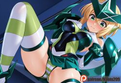 ai_generated akatsuki_kirika blonde_hair breasts female female_only gloves green_eyes green_leotard green_skirt green_thighhighs leotard leotard_peek magical_girl naotopanchira panties pantyshot senki_zesshou_symphogear short_hair skirt solo_focus striped_clothes striped_thighhighs thighhighs undersuit underwear upskirt
