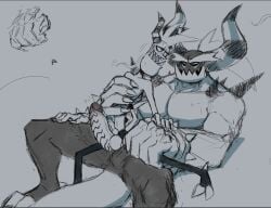 anthro asian_mythology big_hands big_penis blush blush_lines bodily_fluids bracelet claws crooked_tail demon east_asian_mythology eyebrows frottage genitals hair hi_res horn humanoid japanese_mythology jewelry knot knotted_penis long_tail long_tongue male male/male mohawk muscular muscular_male mythology on_bottom on_lap on_top oni penile penis penises_touching ponytail reverse_cowgirl_position sega sex sharp_teeth sitting_on_lap size_difference skinny_male smile smiling_at_another smiling_at_partner sonic_the_hedgehog_(series) spiceskeleton spiked_bracelet spikes spikes_(anatomy) striped_horn stripes sweat tail teeth the_deadly_six thick_eyebrows toe_claws tongue yokai zavok zazz zeti zeti_(species)