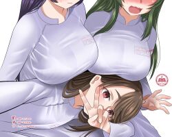 3girls ao_dai big_boobs big_breasts big_tits boobs bra_visible_through_clothes breasts breasts_on_head hiep_studio looking_at_viewer lying_on_lap open_mouth selfie simple_background tits v_sign white_background