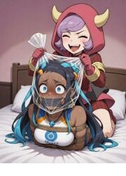 2girls ai_generated asphyxiation bagging blue_eyes bondage bound_arms closed_eyes courtney_(pokemon) cowgirl_position female_domination female_sub gag gagged nessa_(pokemon) open-mouth_smile peril pokemon purple_hair suffocation tape_gag team_magma two-tone_hair