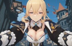 >:( 3d ai_generated blonde_hair blue_capelet blue_eyes blue_sky breasts building capelet city cleavage closed_mouth day detached_collar female frown genshin_impact glaring hair_between_eyes half-closed_eyes jean_(genshin_impact) large_breasts long_sleeves looking_at_viewer nipple_slip nipples outdoors outstretched_arms ponytail pov sidelocks sky solo strapless town upper_body