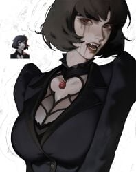 blood bob_cut cleavage deadlock emo female female_only goth gothic lapefamm mina mina_(deadlock) nsfw_version_available red_eyes runny_makeup runny_mascara sfw short_hair vampire vampire_girl vampire_teeth