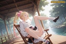 1girl ai_generated beatrice_(re:zero) bench black_footwear black_ribbon black_skirt blonde_hair blue_eyes blush bow breasts bridge chair cleft_of_venus closed_mouth cum cum_in_pussy day drill_hair dutch_angle earrings female_ejaculation frilled_skirt frills full_body gradient_hair hair_bow hair_ribbon jewelry legs long_hair long_sleeves mary_janes mosaic_censoring multicolored_hair nature nivora no_panties outdoors patreon pee peeing pink_bow pink_hair pussy re:zero_kara_hajimeru_isekai_seikatsu ribbon river shirt shoes sidelocks sitting skirt small_breasts socks solo spread_legs thighs tree twin_drills two-tone_hair uncensored water white_shirt white_socks