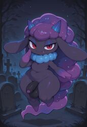 2_horns ai_generated bipedal black_balls black_penis blue_horns daedream featureless_feet featureless_hands femboy floating foreskin furry_female graveyard long_hair looking_at_viewer night noodle_jacuzzi outdoors palworld purple_glans red_eyes seductive shortstack small_horns solo tombstone wide_hips