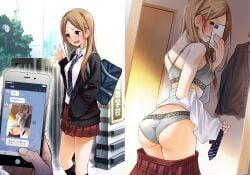 grey_panties grey_bra skirt phone cellphone underwear 1girl school_bag necktie smartphone ass panties blush bra bag earrings jewelry holding_phone long_hair undressing shirt school_uniform red_skirt pleated_skirt cardigan pov multiple_views text_messaging black_cardigan plaid_skirt white_shirt before_and_after hand_in_pocket holding trembling cellphone_photo breasts brown_hair plaid parted_bangs clothes_pull open_mouth ear_piercing waving outdoors socks embarrassed sign sweatdrop bandaid_on_forehead tagme_(artist) tagme tagme_(character)