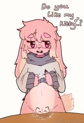 2026 anthro big_ears blush blush_lines bodily_fluids bottomless bunnelbake choker clothed clothing clothing_lift do_you_want_to_pet_my_cat_(meme) drawing_on_body ellie_(bunnelbake) english_text eyewear female fluffy fluffy_tail fur genital_fluids genitals glasses heart_symbol hoodie jewelry lagomorph leporid mammal markings necklace pink_body pink_fur pink_nose presenting rabbit rabbit_ears rectangular_glasses simple_background solo standing tagme tail text topwear vaginal_fluids vulva wearing_glasses