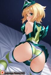 ai_generated akatsuki_kirika blonde_hair breasts female female_only gloves green_eyes green_leotard green_skirt green_thighhighs leotard leotard_peek magical_girl naotopanchira panties pantyshot senki_zesshou_symphogear short_hair skirt solo_focus striped_clothes striped_thighhighs thighhighs undersuit underwear upskirt