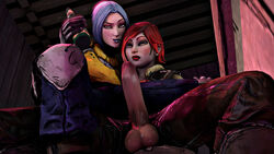 1futa 1girls 3d balls bedroom_eyes beverage big_penis blackjr blue_eyes blue_hair blue_lipstick borderlands borderlands_2 breasts cleavage clenched_teeth clothed clothing drink erection female fully_clothed futanari large_breasts legs_apart lilith_(borderlands) lipstick looking_at_another looking_at_viewer maya_(borderlands) orange_eyes penis penis_out red_hair red_lipstick redhead short_hair sitting smile smirk spread_legs tattoo testicles