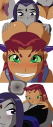 2girls anilingus anus ass bent_over dc dc_comics dcau female_only forehead_jewel green_eyes grey_skin hands_on_ass multiple_girls purple_eyes purple_hair randomrandom raven_(dc) red_hair rimming smile starfire teen_titans tongue yuri