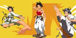 1girls bare_shoulders barefoot black_hair capcom choker feet female female_only hand_on_head hand_on_hip high_kick karate karate_gi kick kicking makoto_(street_fighter) midriff multiple_views open_mouth raised_arm sandals short_black_hair soles solo street_fighter tied_hair tight_clothing toes tomboy toned toned_female