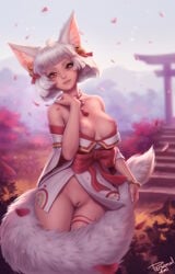 1girls animal_ears areolae artist_signature big_breasts bottomless bracelet breasts clothed clothing crush_crush detailed_background exposed_breasts exposed_pussy facial_markings female female_only fluffy_tail fox_ears fox_girl fox_tail functionally_nude functionally_nude_female hair_ornament horny kemonomimi kitsune looking_at_viewer nipples no_panties pale_skin partially_clothed personalami pussy red_eyes sad_panda_studios shaved_pussy solo standing suzu_(crush_crush) tail torii uncensored whisker_markings white_hair