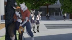 anthro barefoot being_watched blush bottomwear canid canine canis clothed clothing college college_clothing college_student detailed_background dominant_male female fingering fox foxyghost fur group hi_res looking_at_another male male/female mammal maned_wolf open_mouth outdoor outside panties panties_down public school school_uniform skirt submissive_female underwear underwear_down uniform wolf