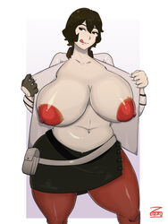 1girls alternate_version_available belly big_breasts big_nipples breasts brown_eyes brown_hair clothed clothing code_vein commission commissioner_upload exposed_breasts female female_only gloves karen_(code_vein) leggings milf navel nipples no_bra red_nipples short_hair skirt solo solo_female standing tagme thick thick_thighs tongue tongue_out topless zeruxu