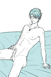 abs balls blush male male_only mystic_messenger necklace nipples on_bed penis sitting_on_bed solo_male teal_hair toned_male v_(mystic_messenger)