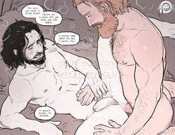 2boys anal anal_penetration anal_sex annoying_watermark bara barazoku beard black_hair chest_hair erect_nipples flaccid_while_penetrated game_of_thrones gay ginger hairy jon_snow legs_held_open male male_only muscular muscular_male nude reapersun red_hair speech_bubble text tormund_giantsbane uncut yaoi