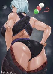 1girls absurd_res aestheticc-meme annoyed ass ayame_(monster_hunter) blue_hair bodysuit color_edit colorized dango dark-skinned_female dark_skin female fishnet_bodysuit fishnets food hi_res huge_ass huge_breasts looking_at_viewer looking_back monster_hunter monster_hunter_rise muscular muscular_female nargacuga_(armor) panty_pull short_hair solo sweat sweatdrop thick_thighs thighs third-party_edit upset wide_hips yellow_eyes