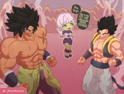 :3 after_fight angry big_muscles black_hair blush boots broly broly_(dragon_ball_super) brown_eyes cheelai clenched_teeth dragon_ball dragon_ball_super english english_text female gloves gogeta green_skin high_resolution light-skinned_male male muscle muscular_male nipples outdoors pelt purple_legwear purple_shirt rebelradio scar shirt shirtless six_pack sleeves smile smoke socks speech_bubble star sweat tanned teeth text very_high_resolution vest white_hair wrath_state yellow_eyes