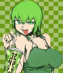 1girls bare_shoulders big_breasts breasts checkered_background cleavage clothed clothing drinking drinking_water female female_only foo_fighters fully_clothed green_eyes green_hair green_overalls human jojo's_bizarre_adventure light-skinned_female light_skin no_bra no_underwear overalls solo solo_female spacezin stand_(jjba) stone_ocean tongue tongue_out upper_body water