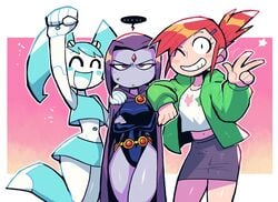 3girls cartoon_network crap-man crossover dc dc_comics female female_only forehead_jewel foster's_home_for_imaginary_friends frankie_foster grey_skin gynoid human jenny_wakeman leotard machine multiple_girls my_life_as_a_teenage_robot nickelodeon outerwear purple_eyes purple_hair rachel_roth raven_(dc) red_hair redhead robot robot_girl speech_bubble superheroine teen_titans text thighs trio