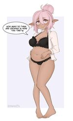 1girls blush bra breasts early_pregnancy elf female female_only looking_at_viewer panties pink_eyes pink_hair pregnant solo vanabette