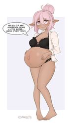 1girls blush breasts elf female female_only huge_belly looking_at_viewer pink_eyes pink_hair pregnant ready_to_pop solo vanabette