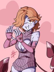 big_breasts breasts cleavage cleavage_cutout clothing_cutout earrings eye_markings facsistgrammarian female fingerless_gloves fire_emblem fire_emblem:_three_houses gloves hand_gesture heart_hands jewelry kronya_(fire_emblem) looking_at_viewer meme_attire nintendo orange_hair pale_skin signature smug solo tail thick_thighs thighs virgin_killer_sweater
