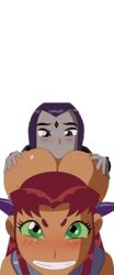 2girls anal anilingus anus ass bent_over dc dc_comics dcau female_only forehead_jewel green_eyes grey_skin hands_on_ass looking_at_viewer multiple_girls partially_clothed purple_eyes purple_hair randomrandom raven_(dc) red_hair rimming smile starfire teen_titans yuri