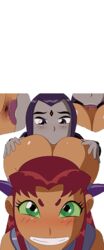 2girls anal anilingus anus ass dc dc_comics dcau female_only forehead_jewel green_eyes grey_skin hands_on_ass multiple_girls purple_eyes purple_hair randomrandom raven_(dc) red_hair rimming smile starfire teen_titans tongue yuri