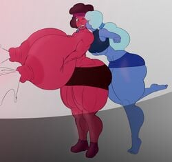 4_fingers 5_toes 5h4m3l355 absurdres accessory alien alien_girl alien_humanoid areolae big_areola big_nipples big_thighs blue_body blue_hairband blue_skin bodily_fluids bottomwear breast_size_difference breast_squeeze breasts breasts_bigger_than_head cartoon_network cheek_kiss feet female females footwear gem_(species) hair_accessory hairband height_difference highres holding_breast huge_areolae huge_nipples huge_thighs hyper hyper_breasts hyper_lactation hyper_thighs kissing kissing_cheek lactating lactating_nipples lactation lactation_through_clothes milk milking muscular muscular_female nipples one_eye_closed open_mouth red_body red_eyes red_hairband red_skin ruby_(steven_universe) sapphire_(steven_universe) shorts sports_bra steven_universe thick_thighs topless_female topwear