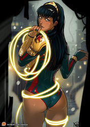 1girls armor ass beauty_mark black_hair brazilian brazilian_female breasts dark-skinned_female dc dc_comics female female_only ganassa gold_eyes latina leotard looking_at_viewer mole mole_above_mouth rope solo superheroine tiara wonder_woman wonder_woman_(series) yara_flor