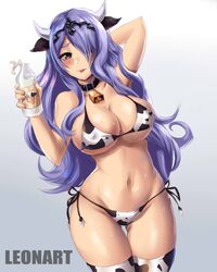 1girls abs animal_print arms_up artist_name ass_visible_through_thighs bell bell_collar bikini blush bottle breasts camilla_(fire_emblem) choker cleavage covered_nipples cow_girl cow_horns cow_print cow_print_bikini cowbell english_commentary fake_horns fire_emblem fire_emblem_fates grey_background hair_over_one_eye holding holding_bottle horns large_breasts leonart long_hair looking_at_viewer milk milk_bottle navel nintendo nipple_bulge one_arm_behind_head one_arm_up one_eye_covered parted_bangs print_bikini purple_eyes purple_hair revealing_clothes sideboob sidelocks simple_background solo swimsuit thick_thighs thighhighs thighs tiara tongue tongue_out underboob wavy_hair year_of_the_ox