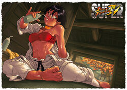 1girls abs bandage bandaid bandaid_on_nose bare_shoulder barefoot black_hair breasts brown_eyes choker cleavage clothes_down dougi drinking feet female female_only fernando_carvalho karate_gi lips makoto_(street_fighter) midriff navel off_shoulder pinky_out ribbon_choker scarf short_black_hair short_hair sitting solo strapless street_fighter sweat sweaty taut_clothes taut_shirt tight_clothing toes tomboy toned towel underboob undressing water