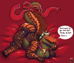 anthro bed bow_(disambiguation) collar crocodilian dialogue furniture grizzledcroc laid_down male nude overweight overweight_anthro overweight_male reptile ribbons scalie slightly_chubby smile solo thick_tail thick_thighs tongue