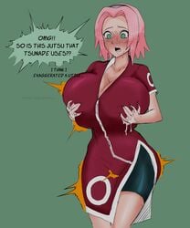 1girls alternate_breast_size breast_expansion breasts clothing colored edit english_text female female_only huge_breasts lactation lactation_through_clothes large_breasts light-skinned_female light_skin maruzyrukun naruto naruto_(classic) naruto_(series) pale-skinned_female pale_skin sakura_haruno shounen_jump solo text ursamoon